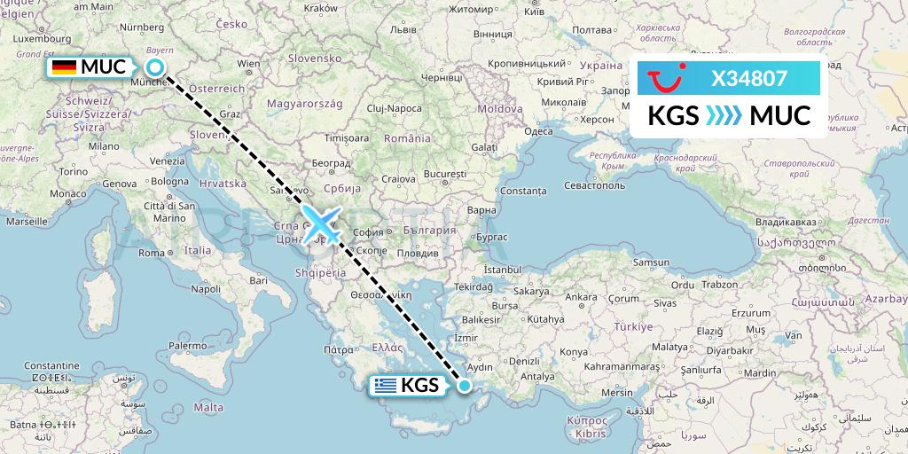 X34807 TUI fly Germany Flight Map: Kos to Munich