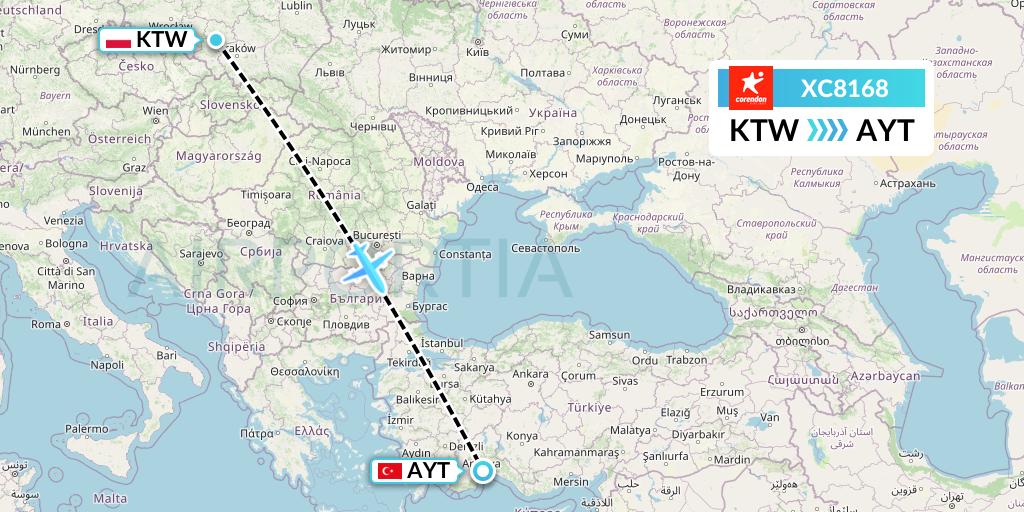 XC8168 Corendon Airlines Flight Map: Katowice to Antalya