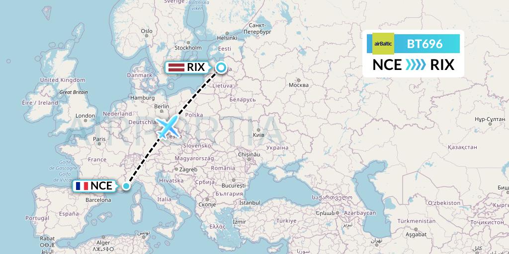 BT696 Air Baltic Flight Map: Nice to Riga