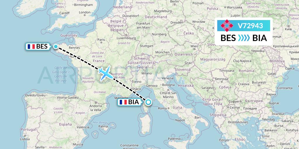 V72943 Volotea Flight Map: Brest to Bastia