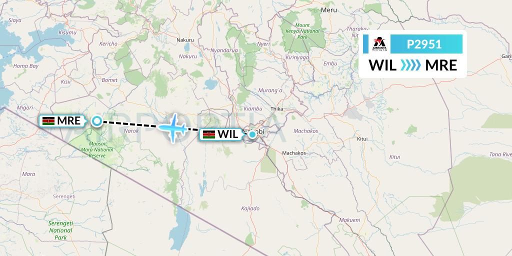 P2951 Airkenya Express Flight Map: Nairobi to Mara Lodges