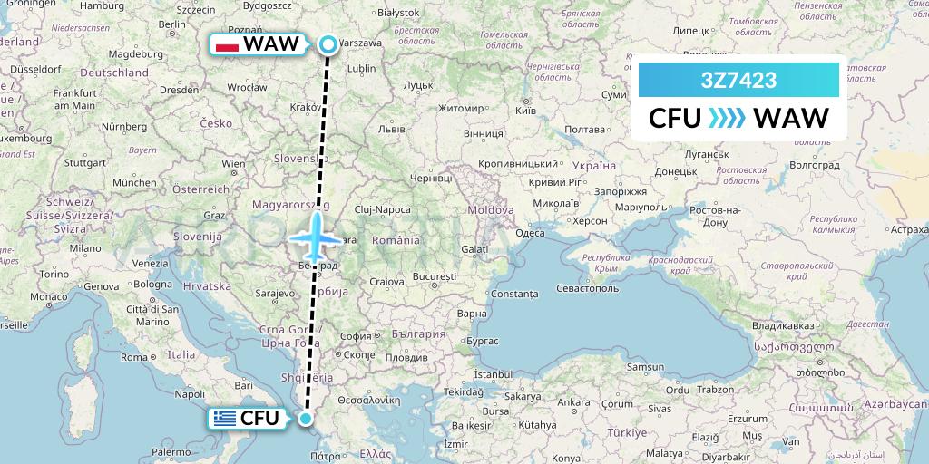 3Z7423 Travel Service Polska Flight Map: Corfu to Warsaw