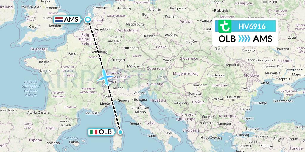 HV6916 Transavia Flight Map: Olbia to Amsterdam