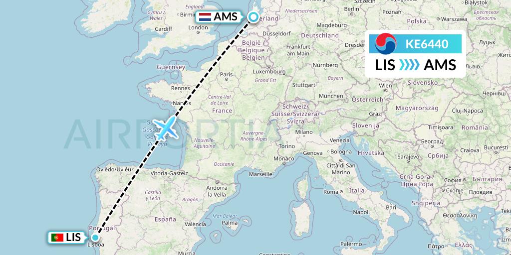 KE6440 Korean Air Flight Map: Lisbon to Amsterdam