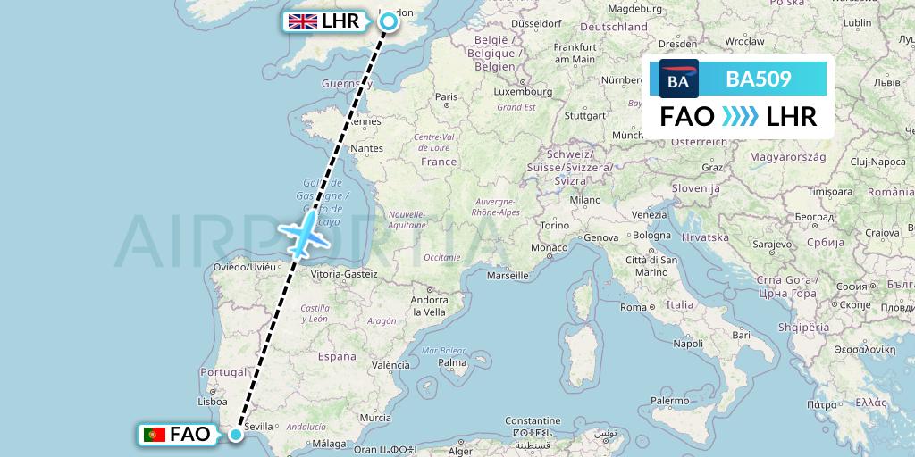 BA509 British Airways Flight Map: Faro to London