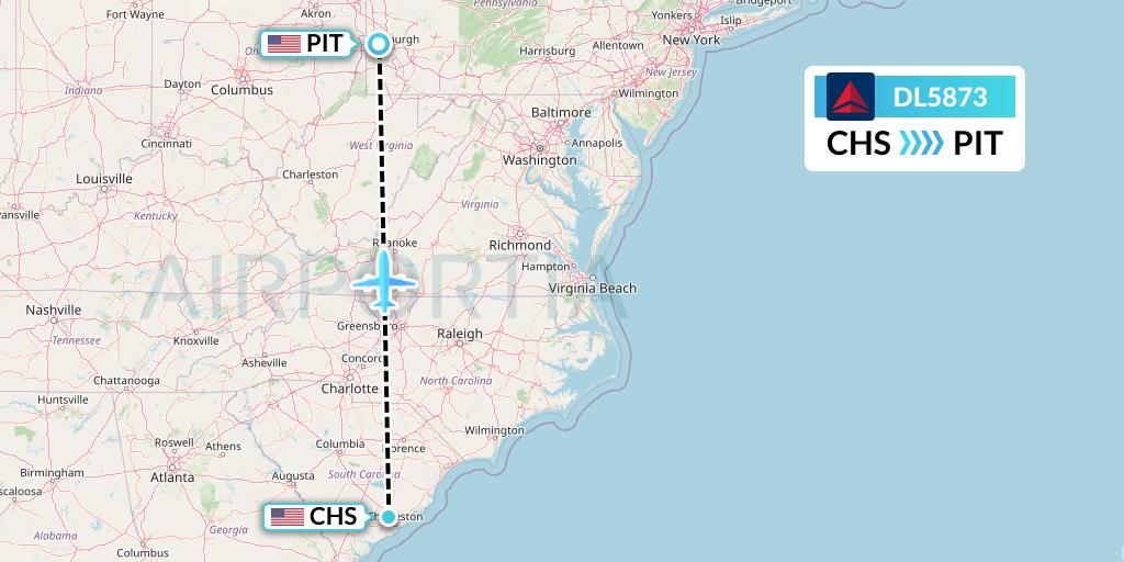 DL5873 Delta Air Lines Flight Map: Charleston to Pittsburgh