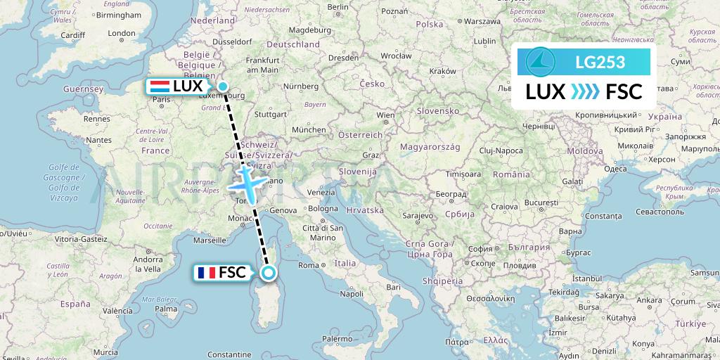 LG253 Luxair Flight Map: Luxembourg to Figari