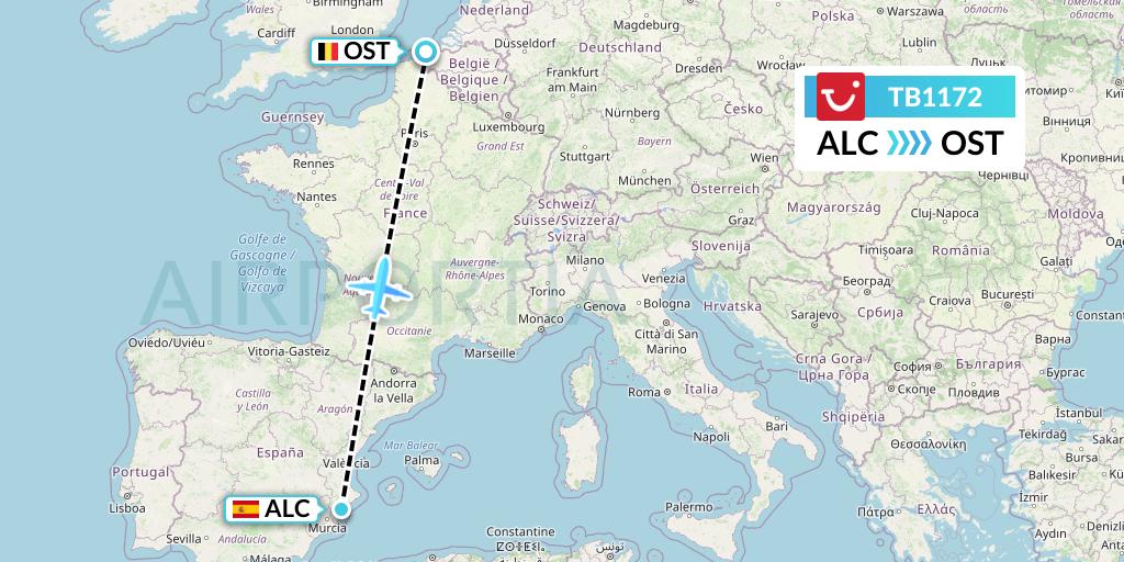 TB1172 TUI fly Belgium Flight Map: Alicante to Ostend