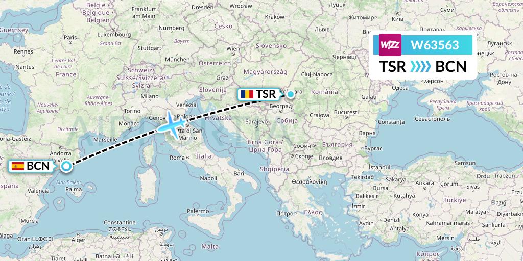 W63563 Wizz Air Flight Map: Timisoara to Barcelona