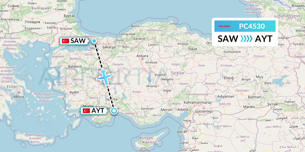 PC4530 Pegasus Airlines Flight Map: Istanbul to Antalya