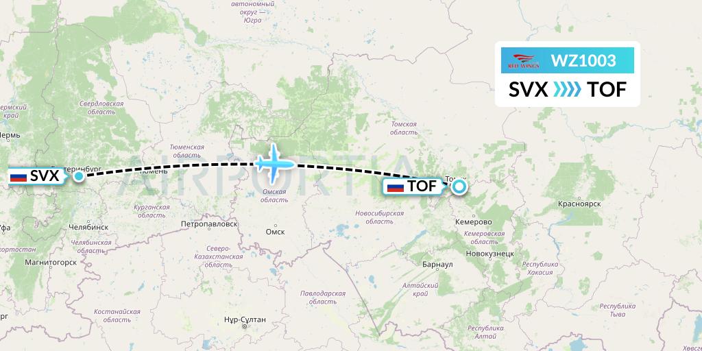 WZ1003 Red Wings Flight Map: Yekaterinburg to Tomsk