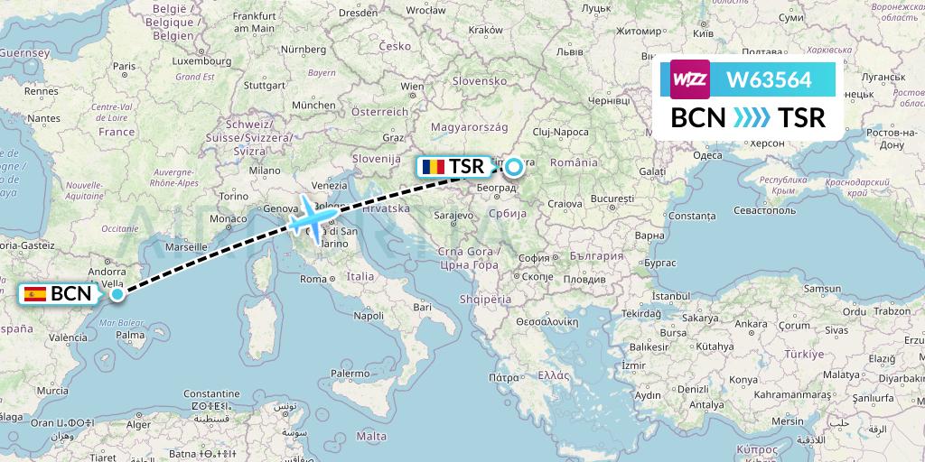 W63564 Wizz Air Flight Map: Barcelona to Timisoara
