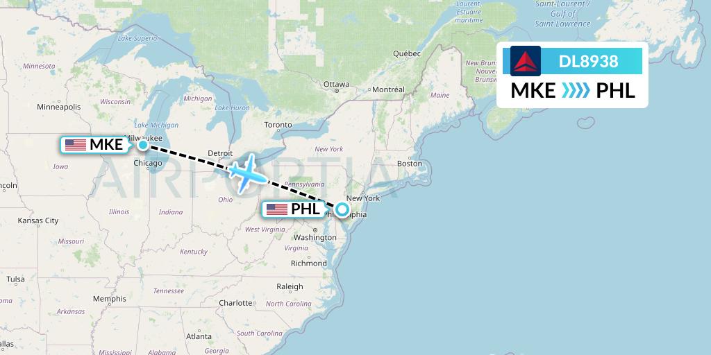 DL8938 Delta Air Lines Flight Map: Milwaukee to Philadelphia