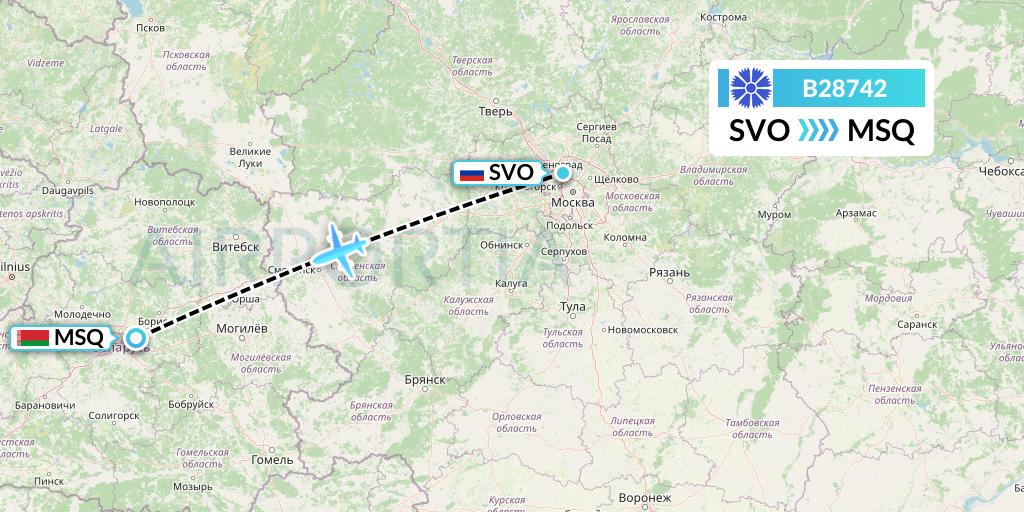 B28742 Belavia Flight Map: Moscow to Minsk