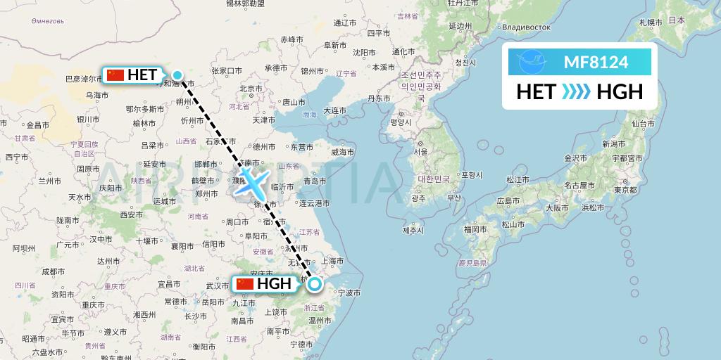 MF8124 Xiamen Airlines Flight Map: Hohhot to Hangzhou