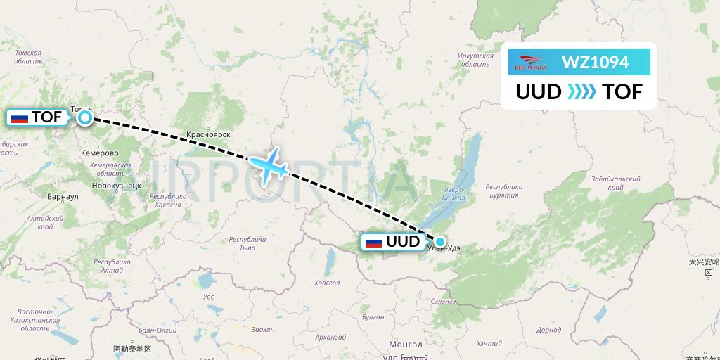 WZ1094 Red Wings Flight Map: Ulan-Ude to Tomsk