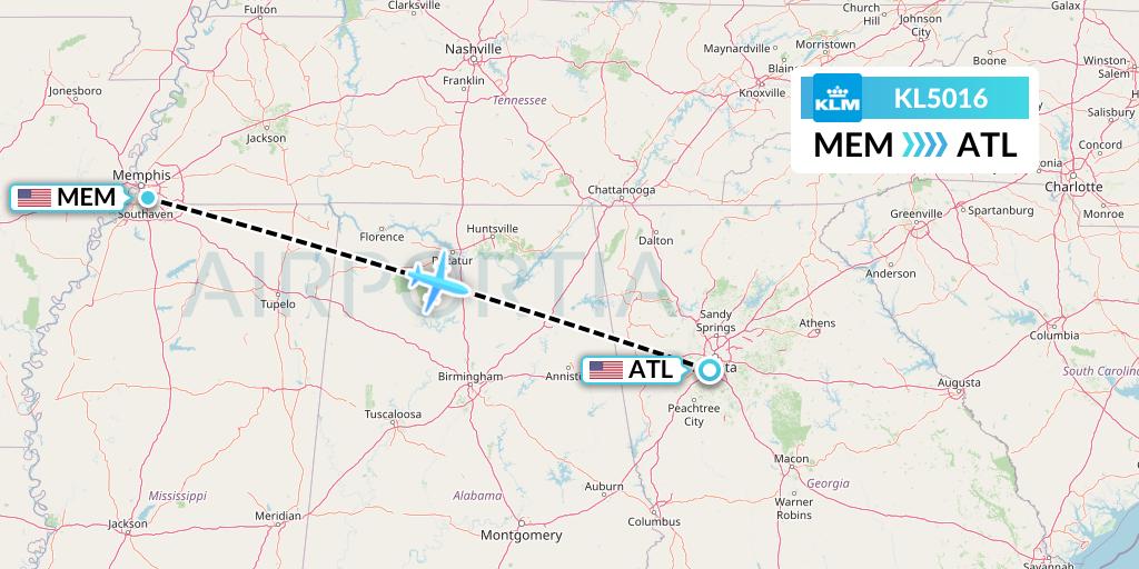 KL5016 KLM Flight Map: Memphis to Atlanta