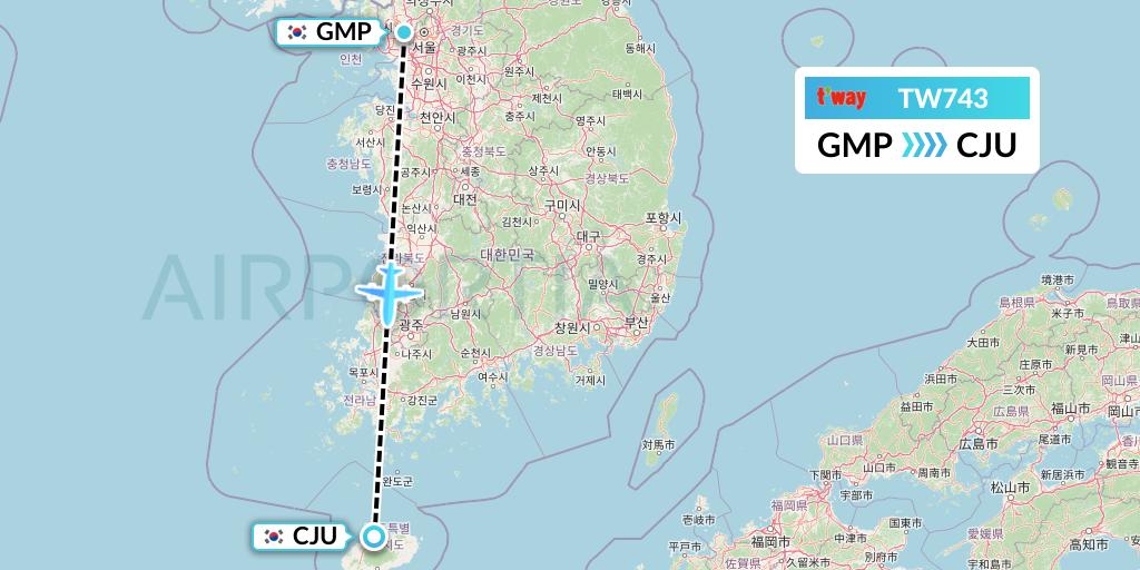 TW743 T'way Air Flight Map: Seoul to Jeju