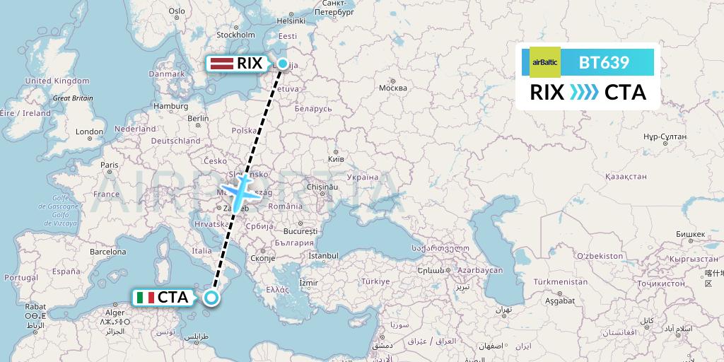 BT639 Air Baltic Flight Map: Riga to Catania