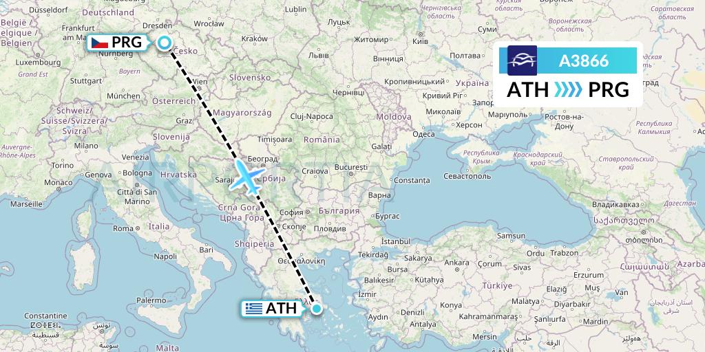 A3866 Aegean Airlines Flight Map: Athens to Prague