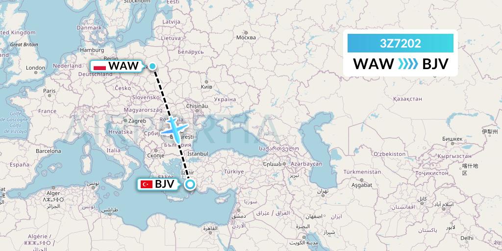 3Z7202 Travel Service Polska Flight Map: Warsaw to Bodrum