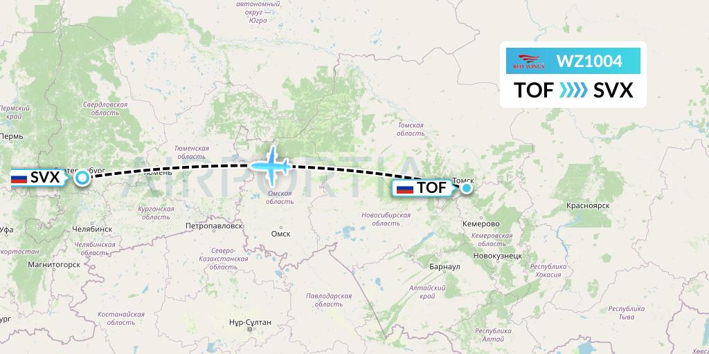 WZ1004 Red Wings Flight Map: Tomsk to Yekaterinburg