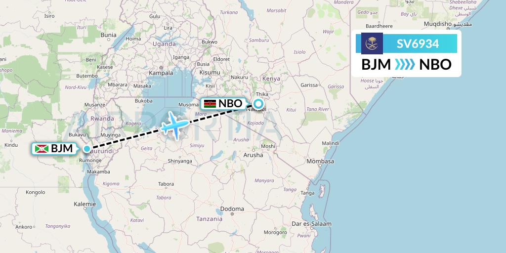 SV6934 Saudi Arabian Airlines Flight Map: Bujumbura to Nairobi