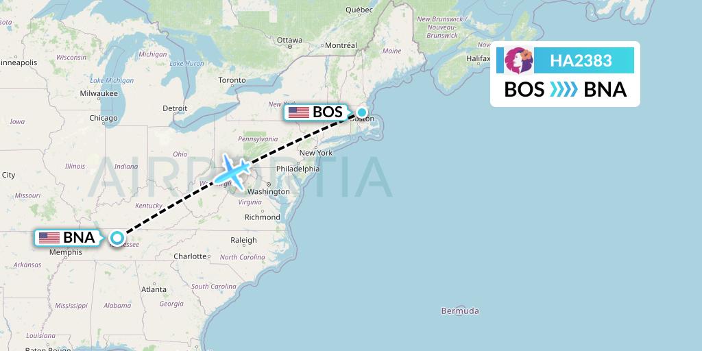 HA2383 Hawaiian Airlines Flight Map: Boston to Nashville