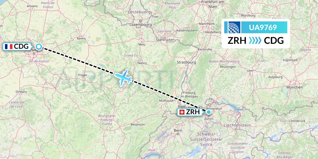 UA9769 United Airlines Flight Map: Zurich to Paris