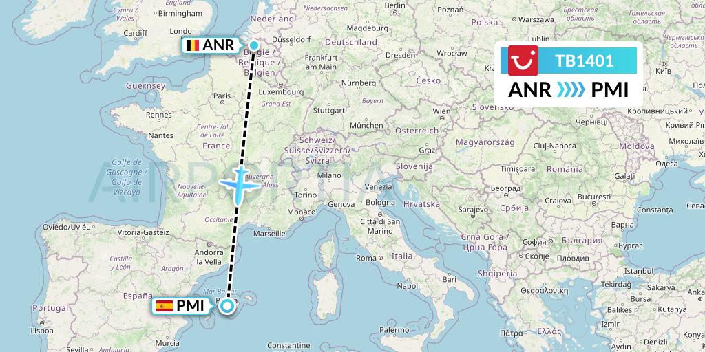 TB1401 TUI fly Belgium Flight Map: Antwerp to Palma de Mallorca