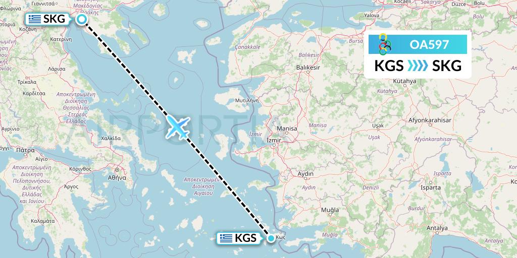 OA597 Olympic Air Flight Map: Kos to Thessaloniki