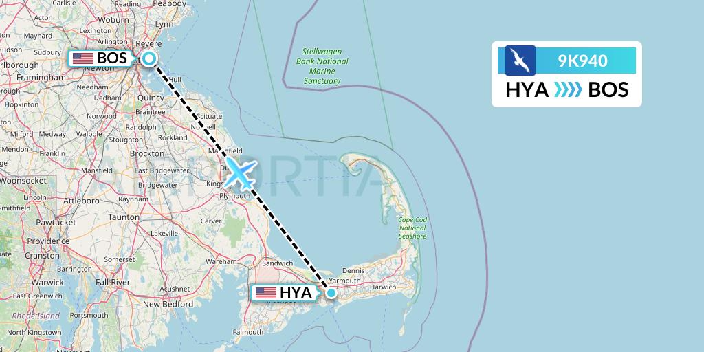 9K940 Cape Air Flight Map: Hyannis to Boston