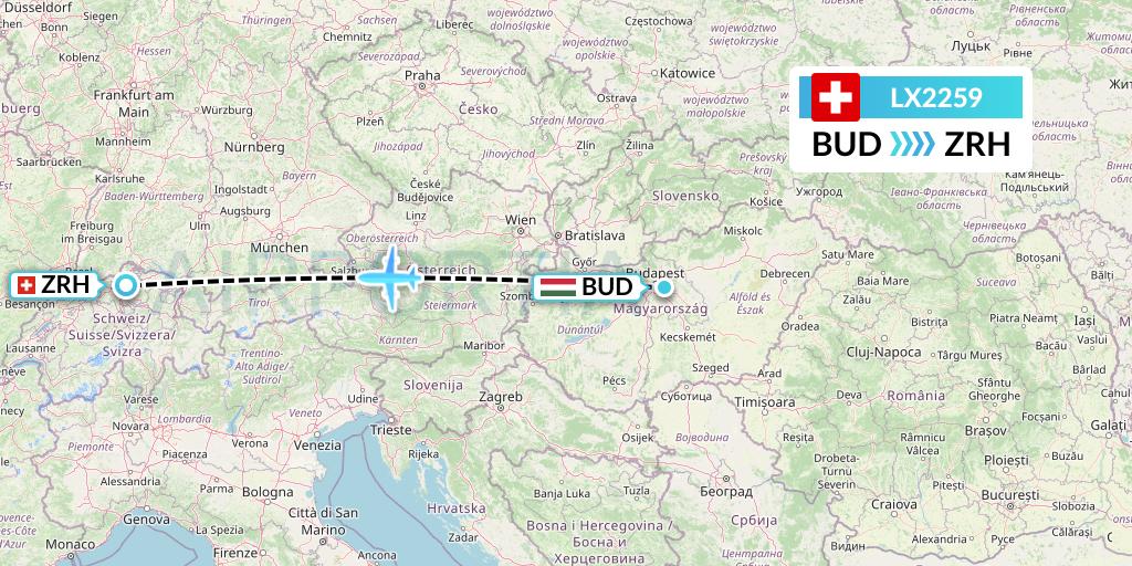 LX2259 Swiss Flight Map: Budapest to Zurich