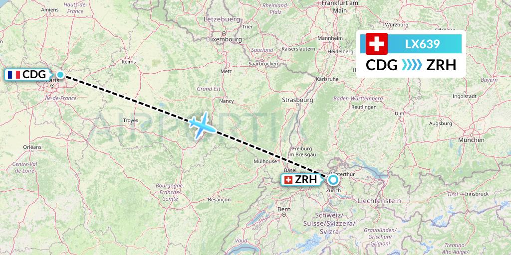 LX639 Swiss Flight Map: Paris to Zurich