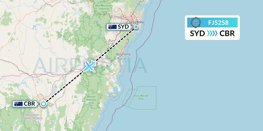 FJ5258 Fiji Airways Flight Map: Sydney to Canberra