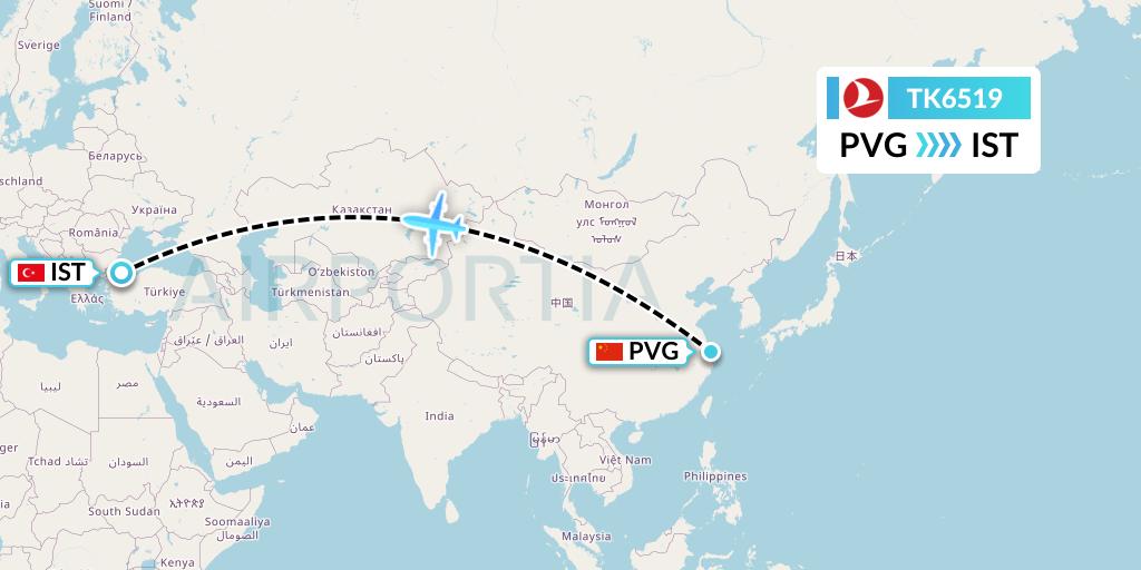 TK6519 Turkish Airlines Flight Map: Shanghai to Istanbul