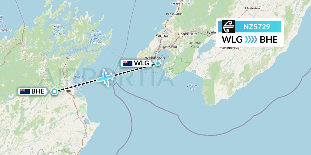 NZ5729 Air New Zealand Flight Map: Wellington to Blenheim