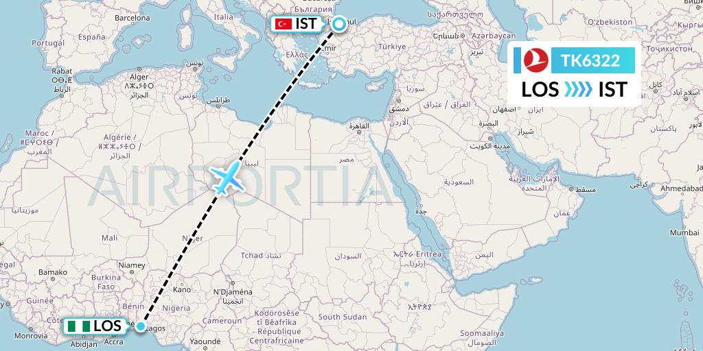 TK6322 Turkish Airlines Flight Map: Lagos to Istanbul
