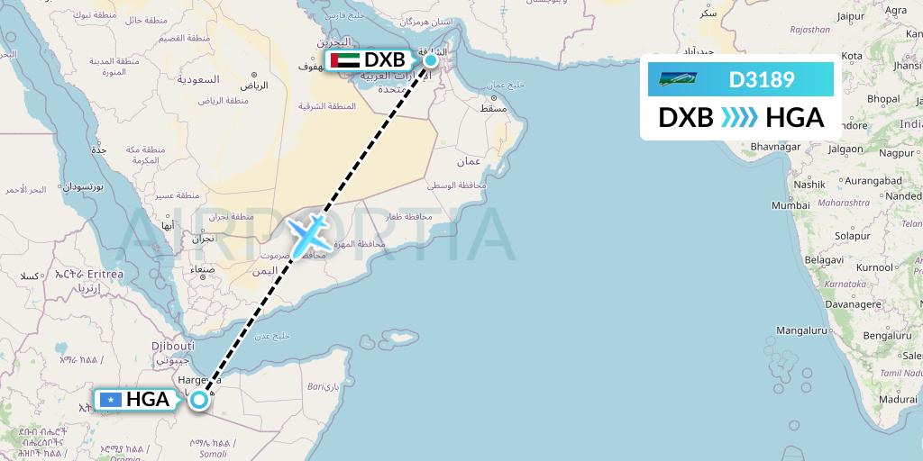 D3189 Daallo Airlines Flight Map: Dubai to Hargeisa