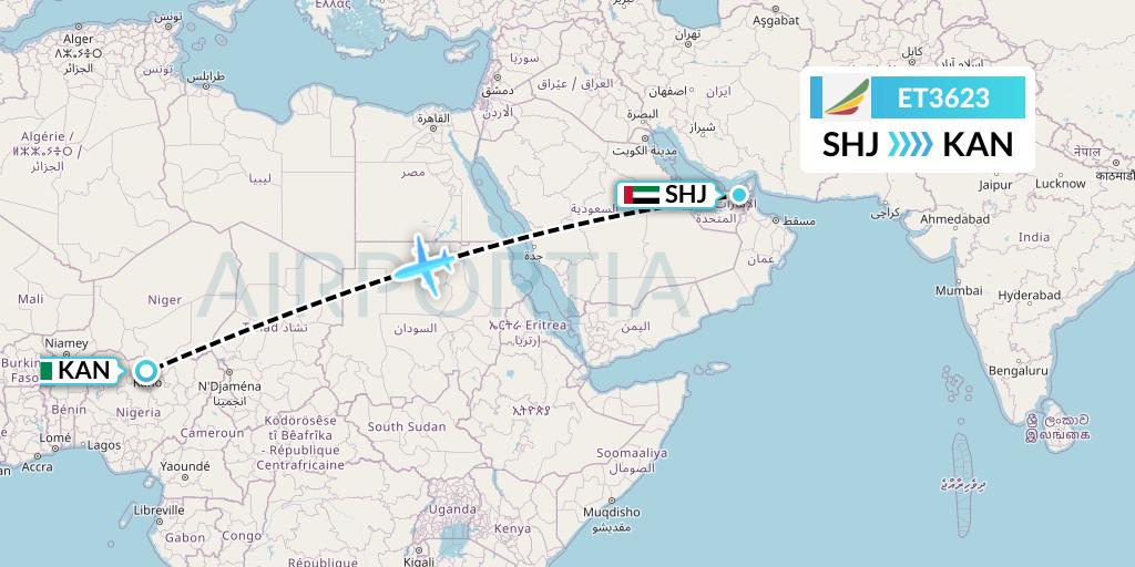 ET3623 Ethiopian Airlines Flight Map: Sharjah to Kano