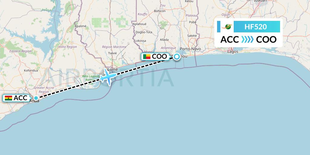 HF520 Air Cote d'Ivoire Flight Map: Accra to Cotonou