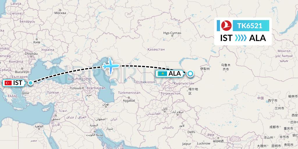 TK6521 Turkish Airlines Flight Map: Istanbul to Almaty