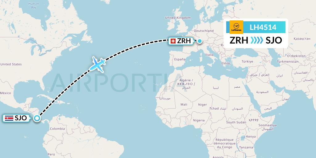 LH4514 Lufthansa Flight Map: Zurich to San Jose