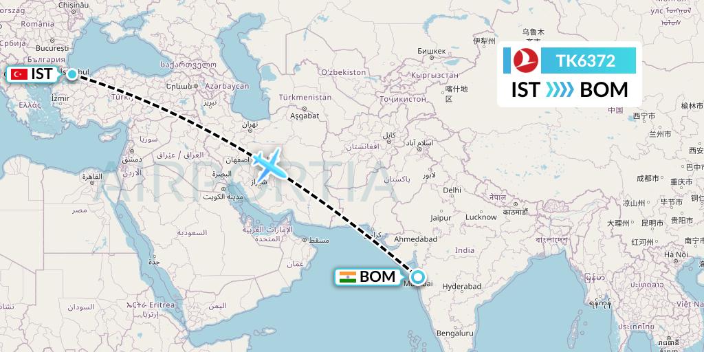TK6372 Turkish Airlines Flight Map: Istanbul to Mumbai
