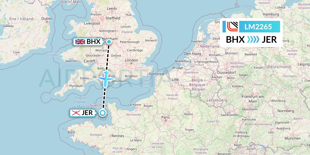 LM2265 Loganair Flight Map: Birmingham to Jersey