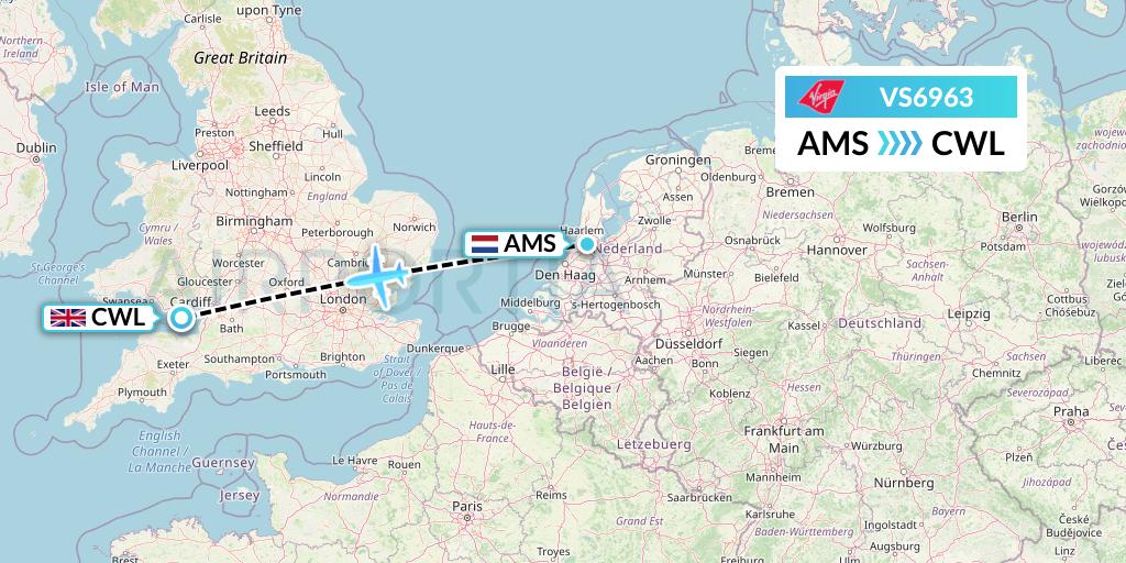 VS6963 Virgin Atlantic Airways Flight Map: Amsterdam to Cardiff