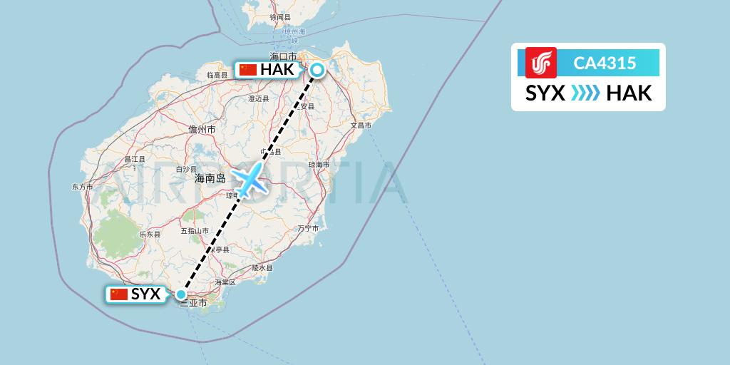 CA4315 Air China Flight Map: Sanya to Haikou