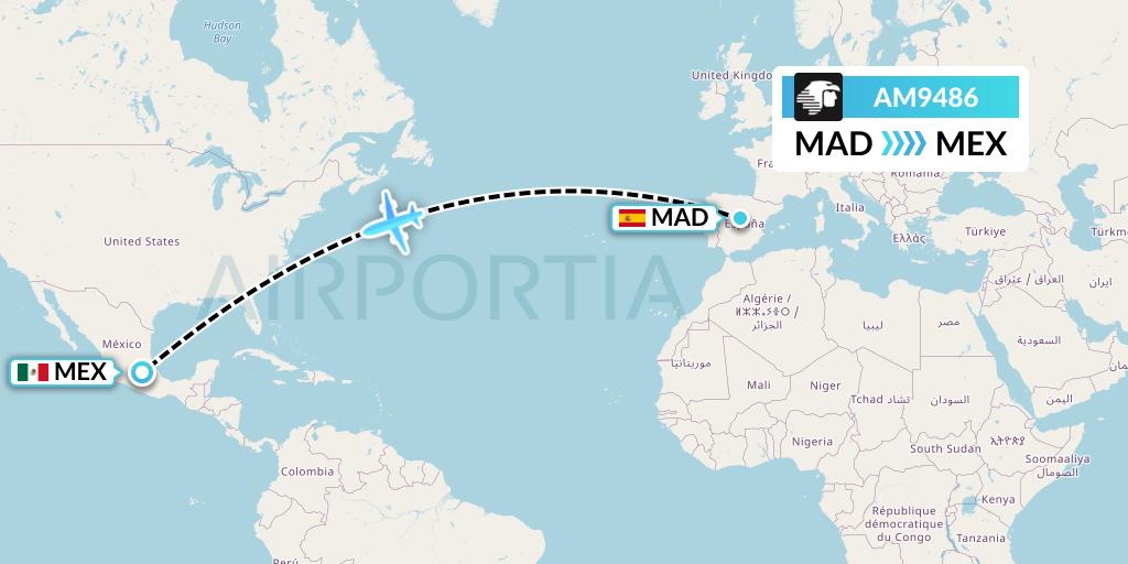 AM9486 Aeromexico Flight Map: Madrid to Mexico City