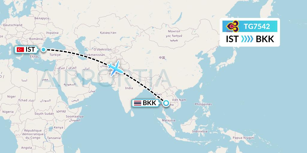 TG7542 Thai Airways Flight Map: Istanbul to Bangkok