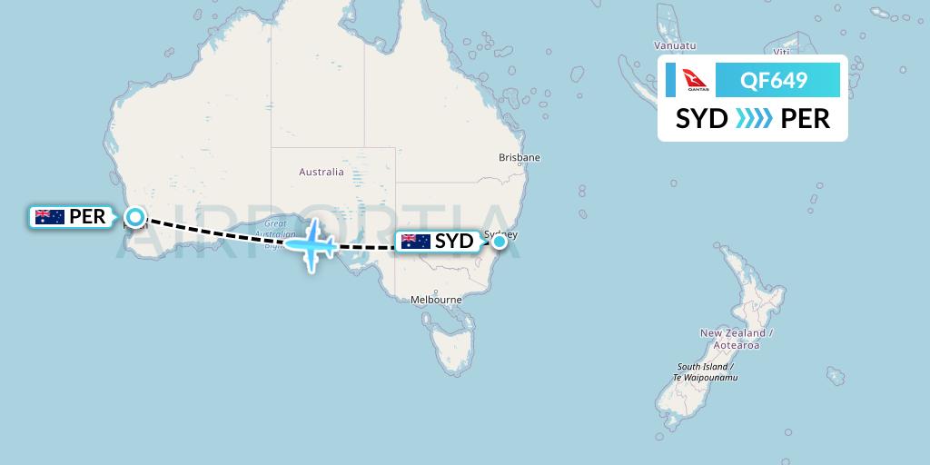 QF649 Qantas Flight Map: Sydney to Perth